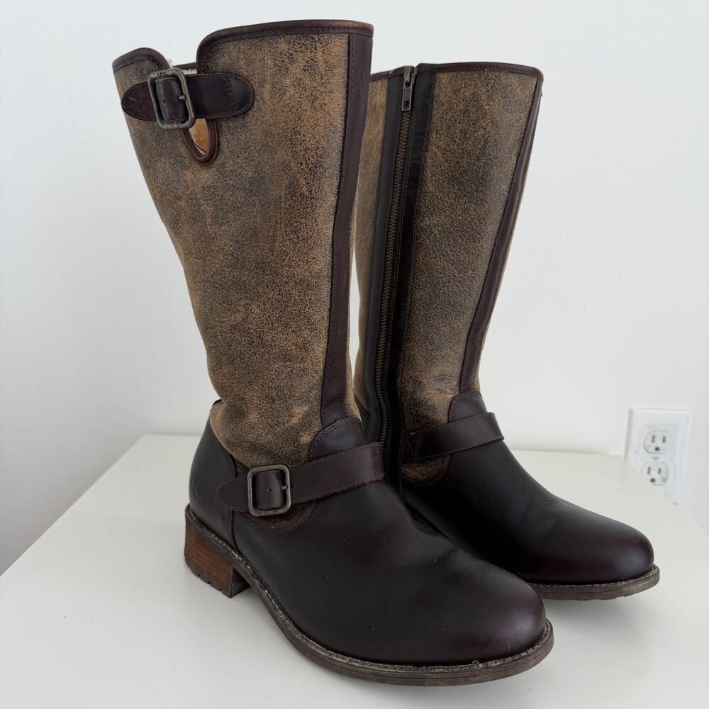 UGG Chancery Riding Boots Women 10 Brown Leather Shearling Lined Distressed Tall